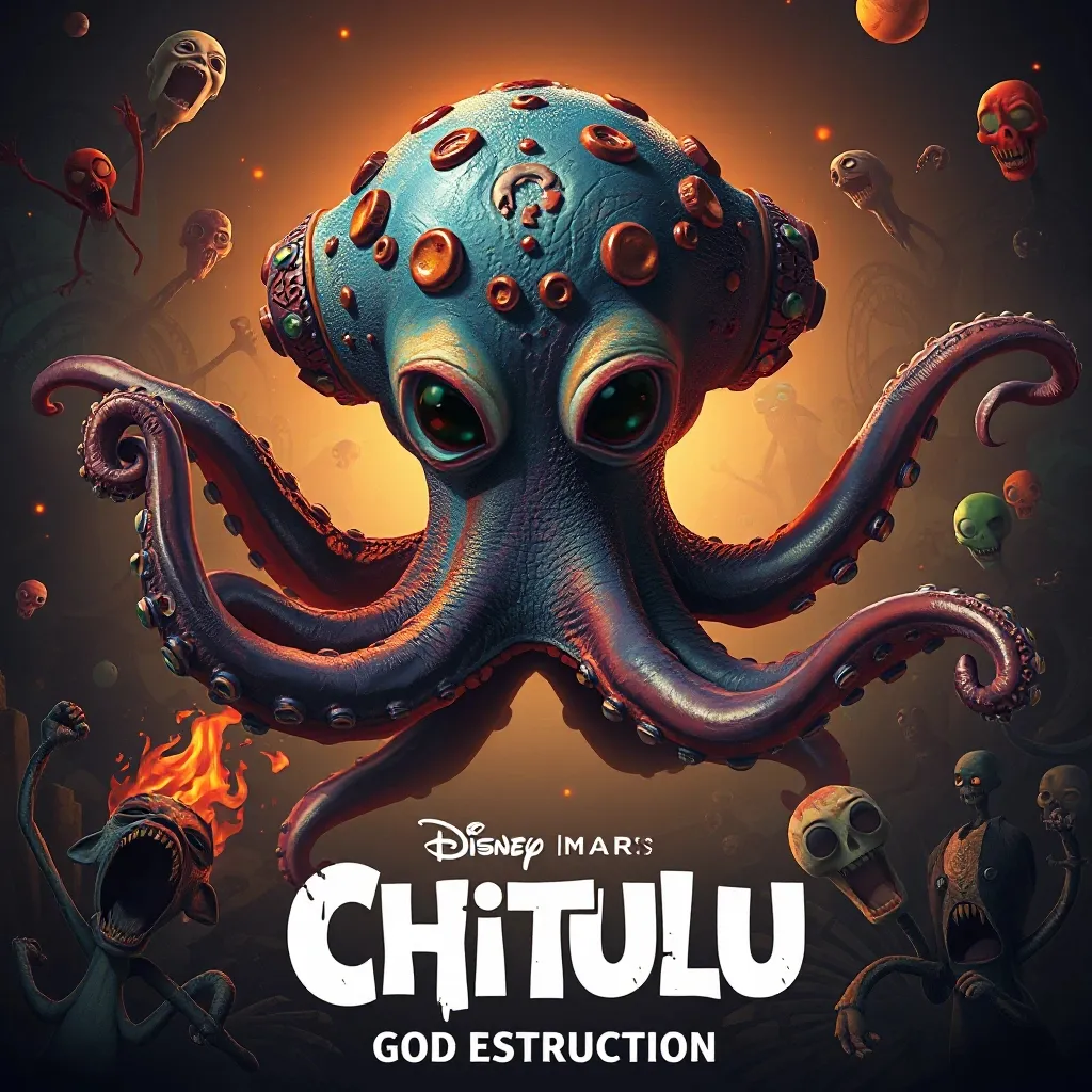 Prompt: pixar movie poster showing Chtulu, an octopus headed god of destruction that lives in a dark dymension of tortured souls