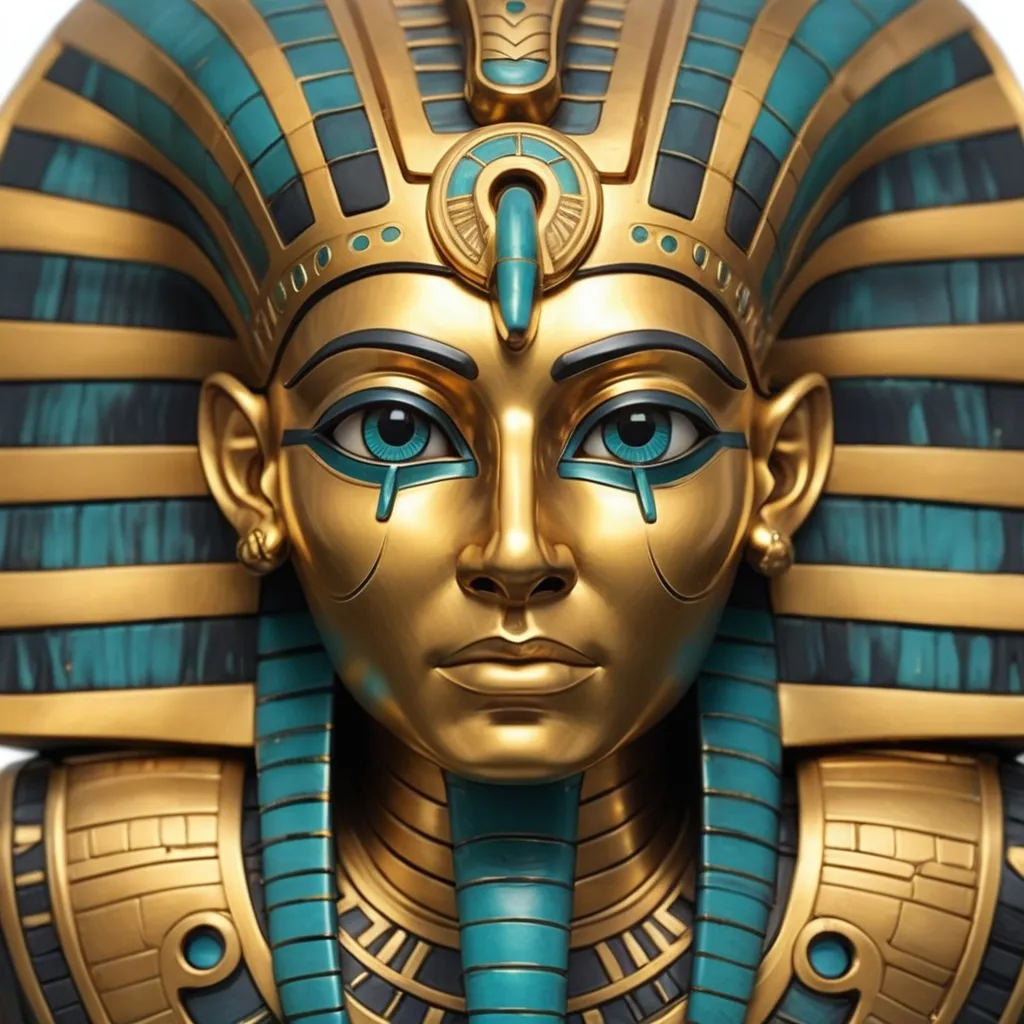 Prompt: ultra detailed hi-rez egyptian mask made of gold ebony and turquoise, very detailed large eyes, snake symbol on the forehead, anime ghibli style



