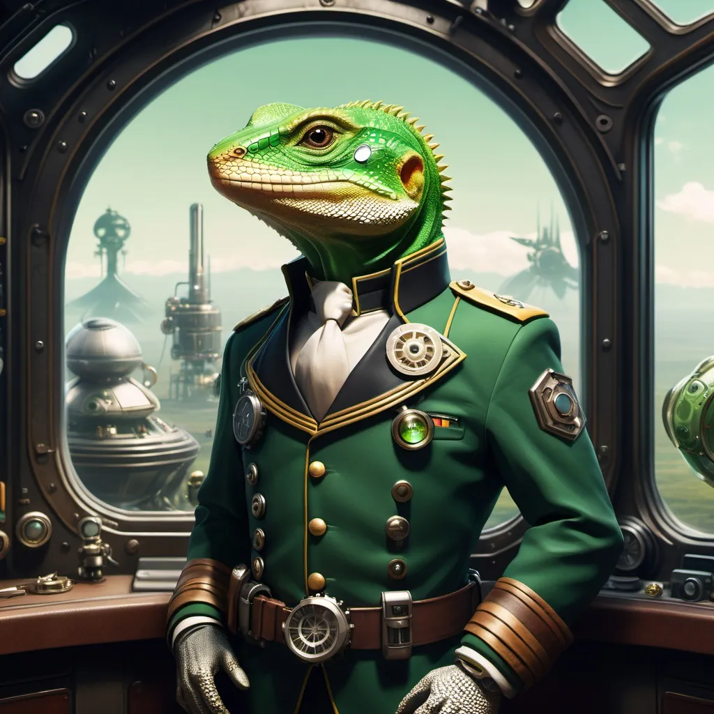 Prompt: a close up of a lizard military general with many medals on his chest, standing in front of a large window in a steampunk spaceship, showing a distant lush green planet and black space outside the window