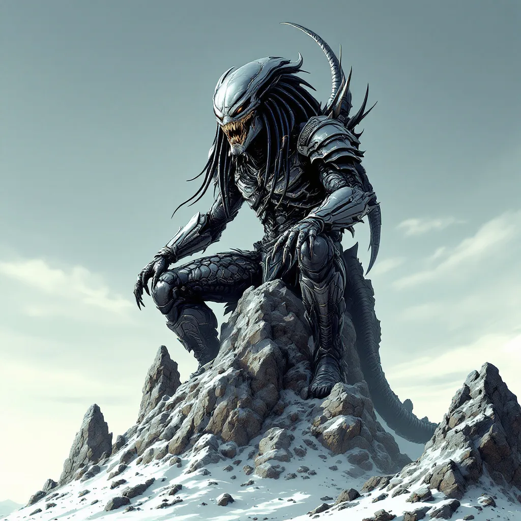 Prompt: anime style, a predator alien with an open mouth and sharp silver fangs sreaming, on top of a barren rock mountain in the middle of a white sand desert