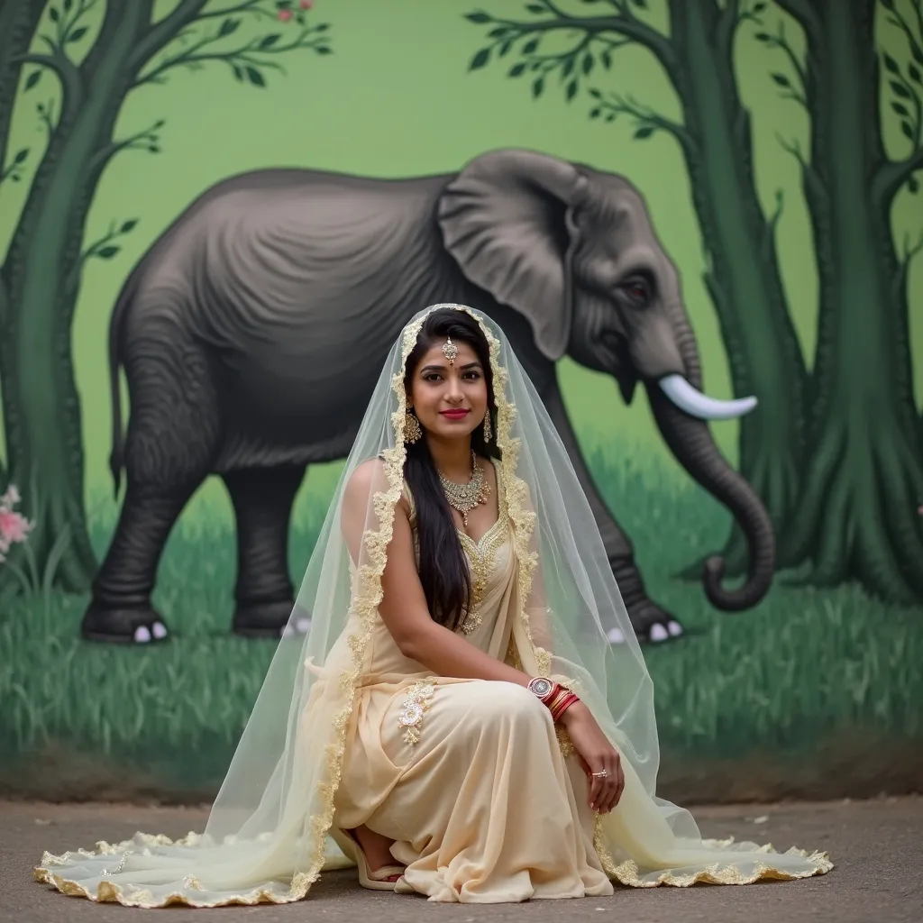 Prompt: A beautiful indian woman wearing a transparent veil squatting in front of a mural depicting an elephant walking through a green forest