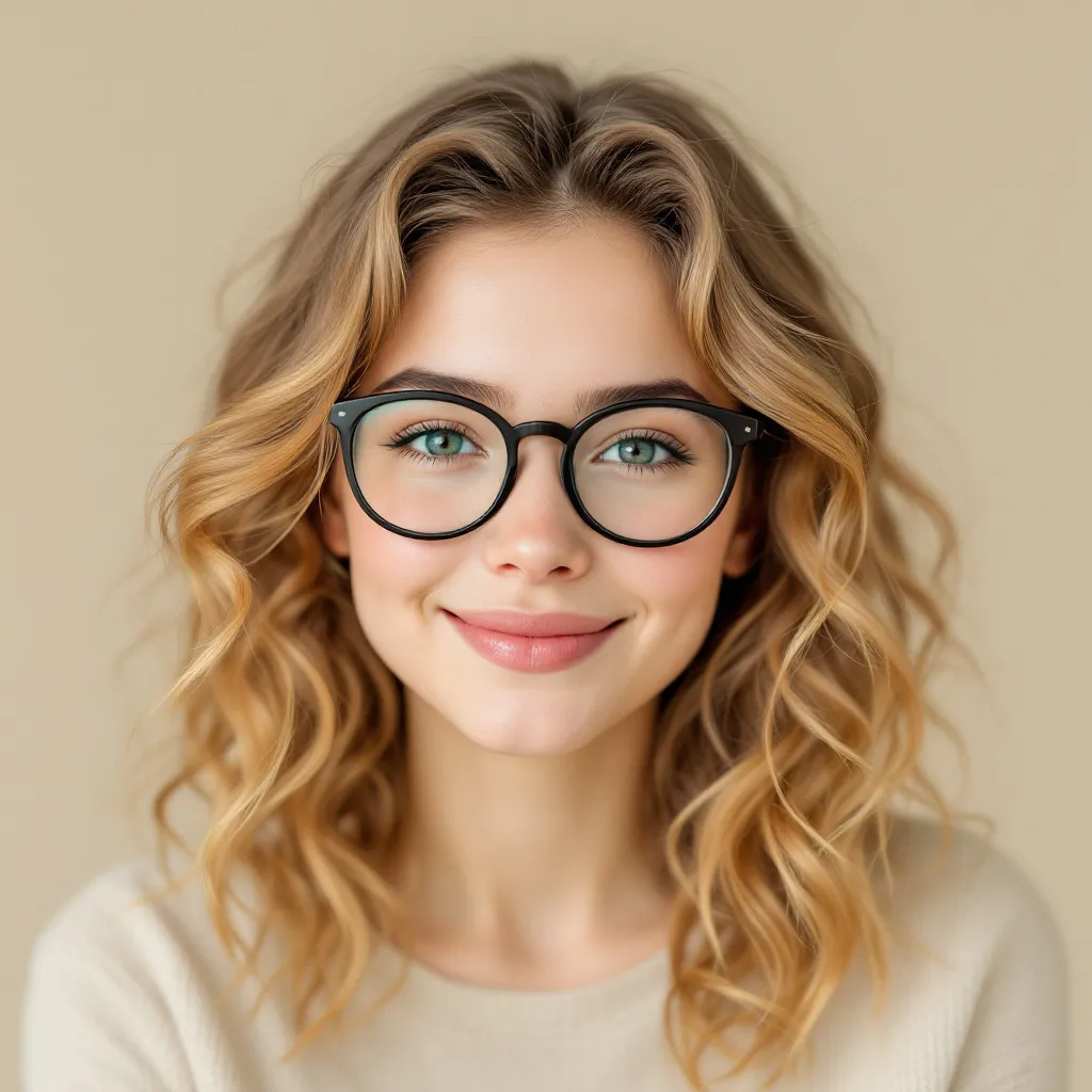 Prompt: een meisje, lichte huid, donkerblond haar, een beetje krul erin, ze is mooi, en draagt een bril, ze lacht lief