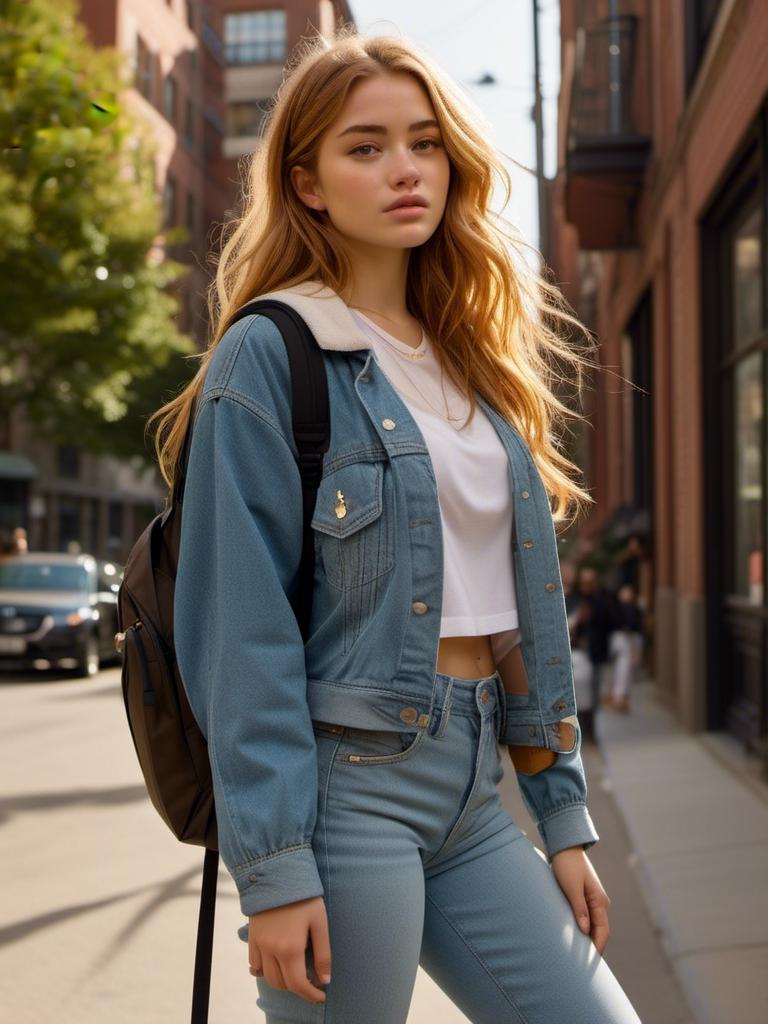 Prompt: <mymodel>   detailed face, {Urban Street Outfit Style, High-waisted skinny jeans with a crop top stylish ankle boot and a backpack}, medium shot. Blonde hair














