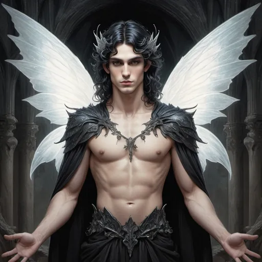 Prompt: illustration, as above so below, elf prince male  wavy shoulder length black hair, with fairy wings horizontal mirrored image, gothic, gustave dore style