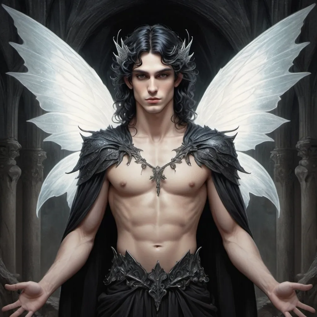 Prompt: illustration, as above so below, elf prince male  wavy shoulder length black hair, with fairy wings horizontal mirrored image, gothic, gustave dore style