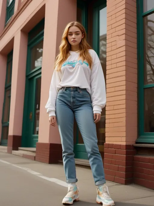 Prompt: <mymodel>   detailed face, {Urban Street Outfit Style, High-waisted skinny jeans with a graphic tee or oversized sweatshirt, stylish ankle boots,  blonde and a backpack}, medium shot













