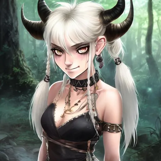Prompt: A short woman with white shaggy hair in a half ponytail. With black eyes, fair skin, and black horns with hanging jewelry on the horns. In a big forest Anime style.