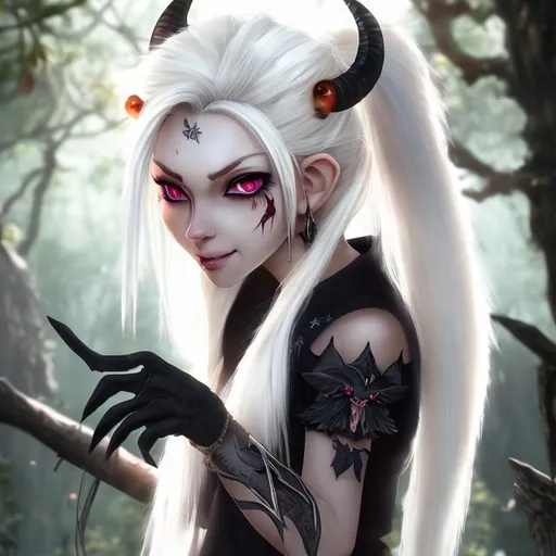 Prompt: A short woman with white shaggy hair in a half ponytail. With black eyes, fair skin, and black horns with hanging jewelry on the horns. In a big forest Anime style. with big bat like wings 