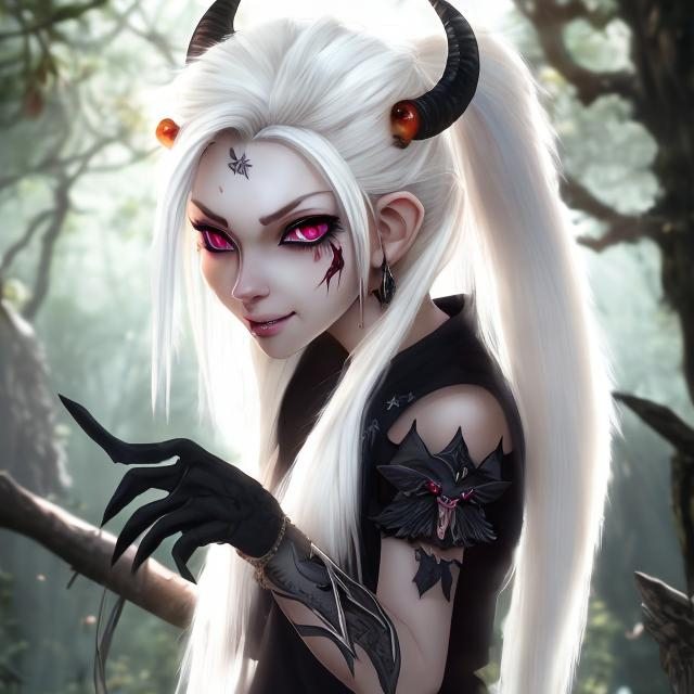 Prompt: A short woman with white shaggy hair in a half ponytail. With black eyes, fair skin, and black horns with hanging jewelry on the horns. In a big forest Anime style. with big bat like wings 