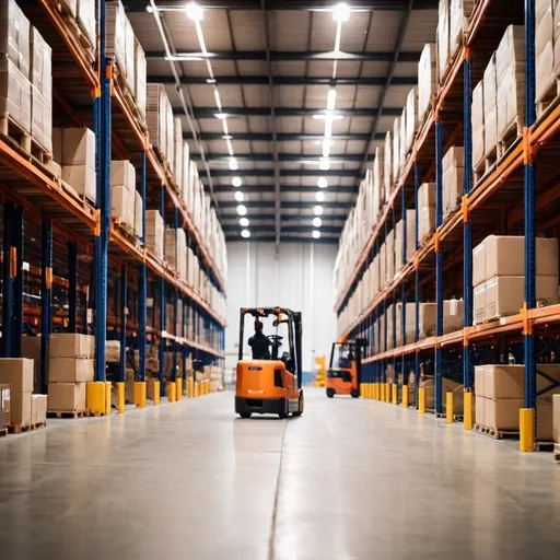 Prompt: image of a 3PL warehouse with a blurry forklift moving
 