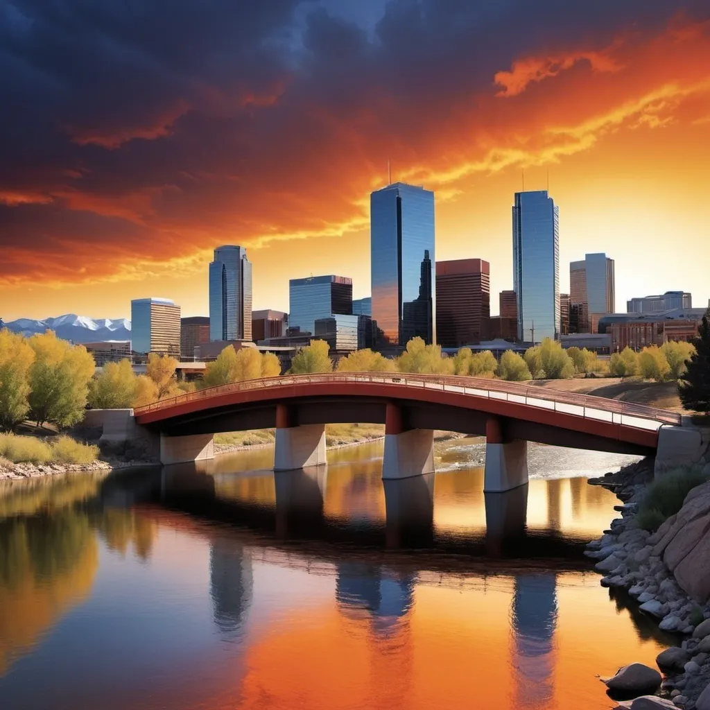 Prompt: Bold, dynamic imagery: Consider a background image that conveys action, like a  symbolic bridge connecting two sides a river in Denver, representing Cesco as the bridge between languages and cultures. I would like to use the Denver Broncos colors
