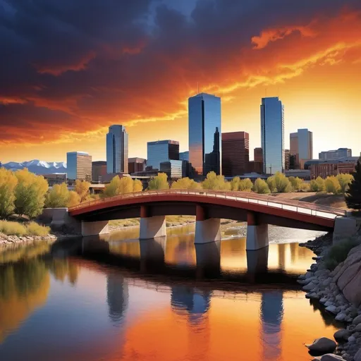 Prompt: Bold, dynamic imagery: Consider a background image that conveys action, like a  symbolic bridge connecting two sides a river in Denver, representing Cesco as the bridge between languages and cultures. I would like to use the Denver Broncos colors
