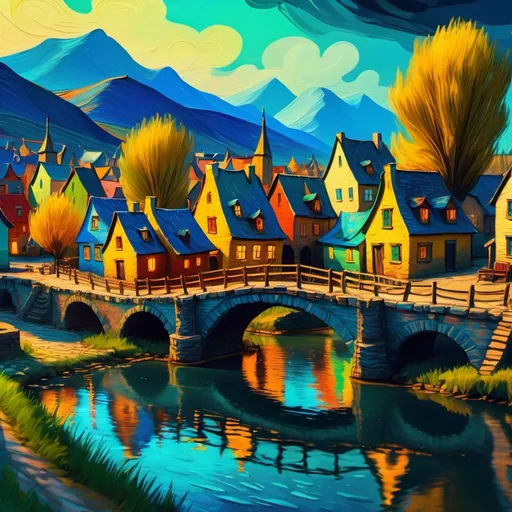 Prompt: small settlement, cheerfuk,colorful, bridge and river, dramatic fantasy settlement scene, cinematic lighting, van gogh strokes

