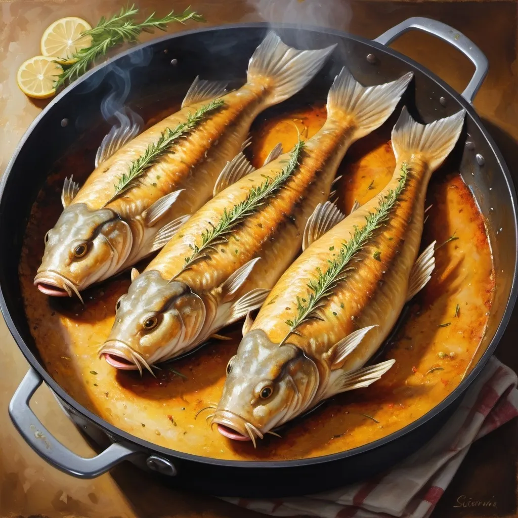 Prompt: Catfish being cooked, oil painting, sizzling in a pan, golden brown crust, aromatic herbs and spices, high quality, realistic, traditional, warm tones, natural lighting