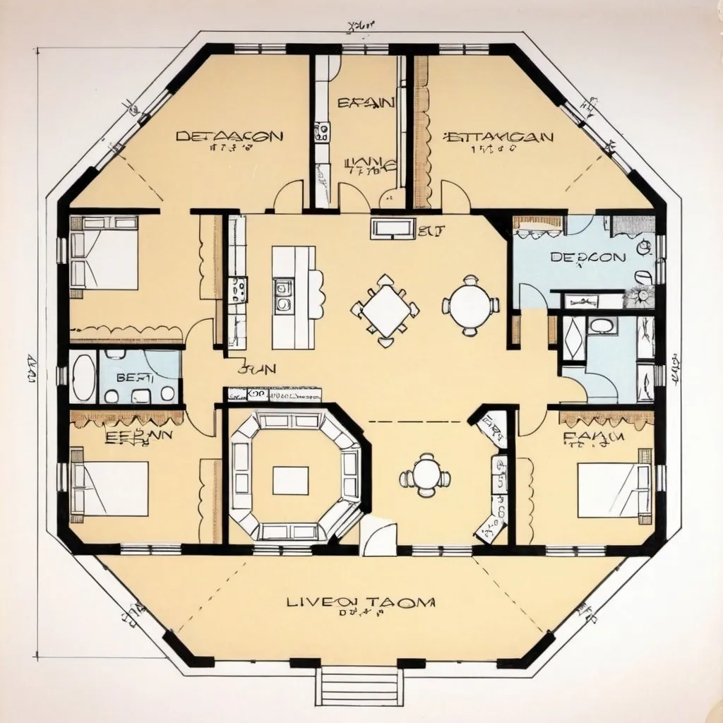 Prompt: An octagon house plan with living room in center three bedrooms kitchen drawing room and dinning room 