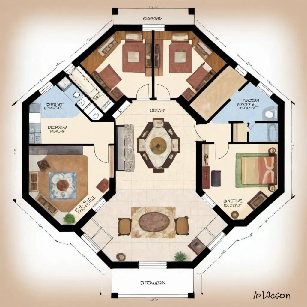 Prompt: An octagon house plan with living room in center three bedrooms kitchen drawing room and dinning room 