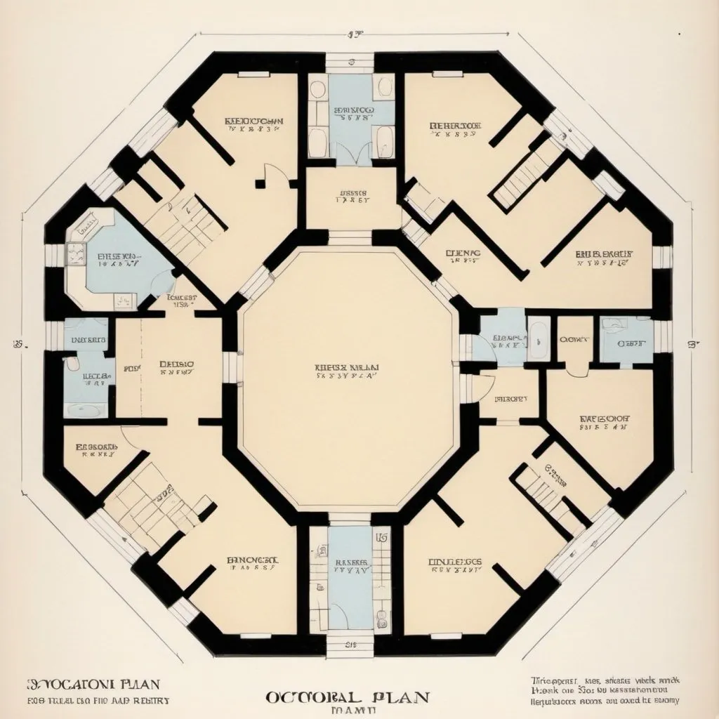 Prompt: an octagonal floor plan with equal sides  three square bedrooms outward windows attached bathrooms and walk in closets living room in center with stairs kitchen pantry drawing room dinning room a separate garage