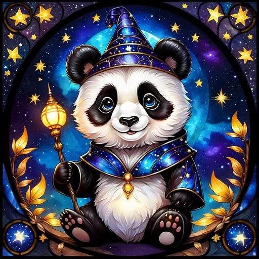 Prompt: an adorable chibi panda wizard, dark starry night, gorgeous eyes, stained glass, fantasy illustration, textured with large visible brush strokes, hypermaximalism, astral patterns, star lit sky, masterpiece, breathtaking intricate details, in the style of chinese paint