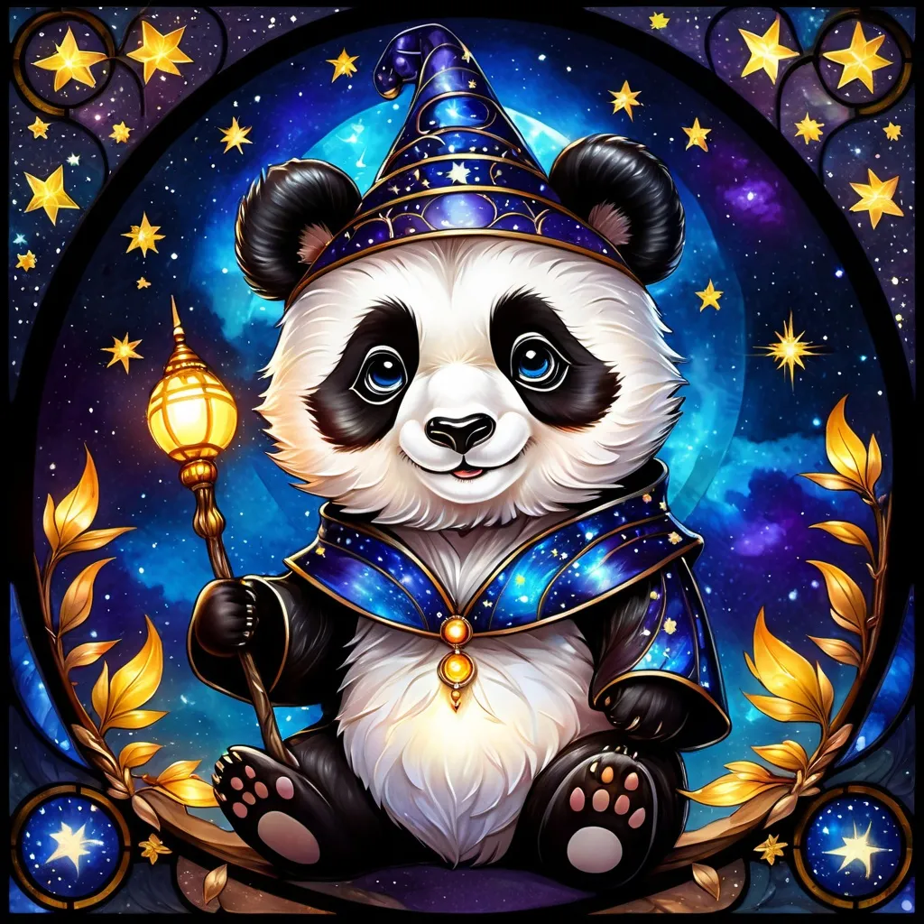 an adorable chibi panda wizard, dark starry night, g... | OpenArt