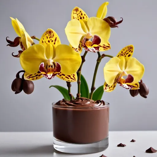 Prompt: Tema: Celebre o Dia Internacional do Chocolate com a Orquídea Oncidium, também conhecida como orquídea chocolate.

Instruções para a imagem:

    Combine elementos relacionados ao chocolate, como barras de chocolate, cacau, trufas ou qualquer outra forma de chocolate, com a beleza das orquídeas Oncidium.
    A imagem deve transmitir uma sensação de celebração e indulgência, destacando a deliciosa combinação entre chocolate e flores.
    Utilize um estilo visual que seja atraente e apropriado para o público-alvo, com cores vivas e detalhes nítidos.
    A composição da imagem deve ser equilibrada e envolvente, com os elementos dispostos de forma harmoniosa e visualmente atraente.
    Certifique-se de que a mensagem "Dia Internacional do Chocolate com Orquídea Oncidium" esteja clara e legível na imagem, preferencialmente em uma fonte elegante e visível.