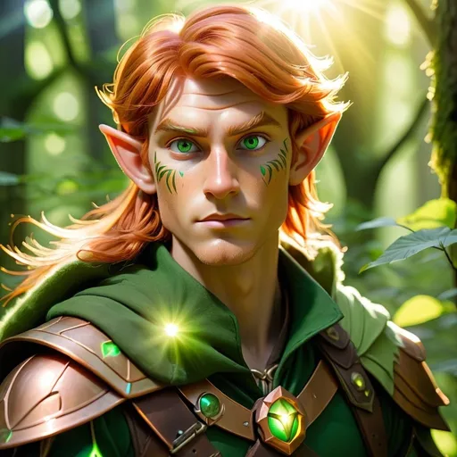 Prompt: Elf ranger in a mystical forest around sunlight. He has copper hair and green eyes. His skin is sunbronzed