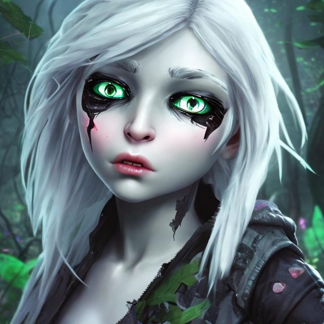 Prompt: She is a game garacter she has white hair and she have one eye because she lost her second eye and she just swear a black sweat and she is a human and cute but she is lost in the forest