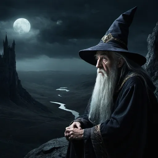 Prompt: an Old wizard staring at a dark land