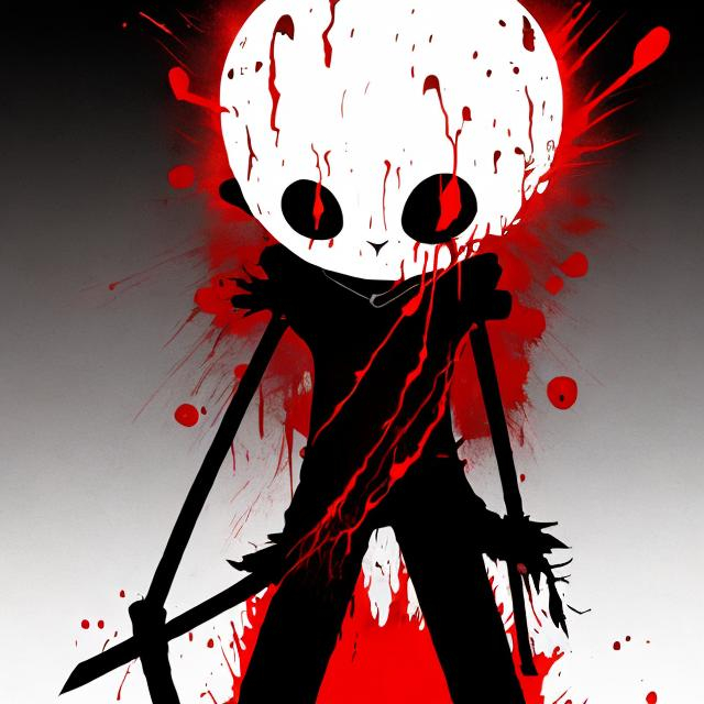 Prompt: Red figure, black shirt, Black pants, holding sword, holding towards view point, sword big eye, hollow eyes, Black smile, dripping ink, bald, blood stains, dark hallway, red head, cuts on body.