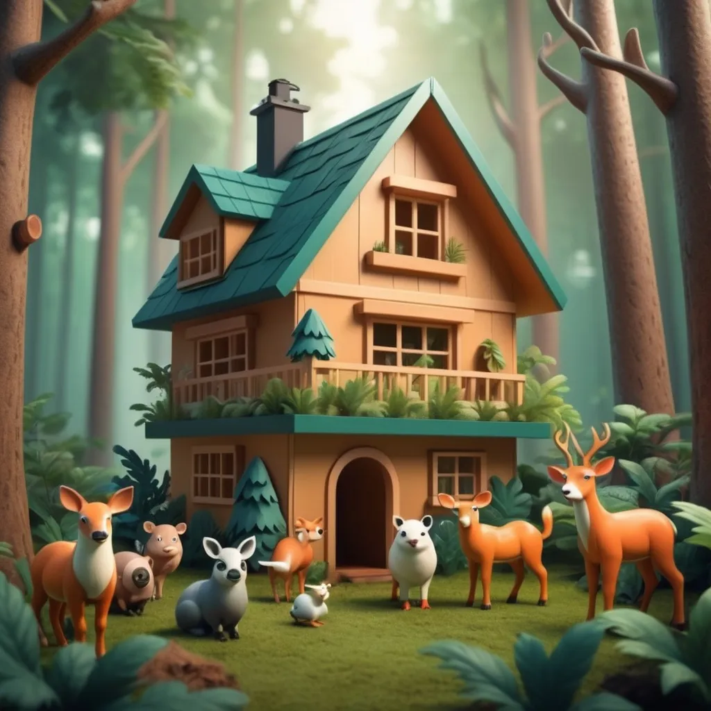 Prompt: Create house in forest with the animals surrounding.