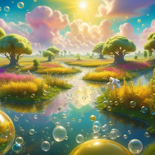 Prompt: (baby oil land), a whimsical landscape drenched in shiny golden reflections, (sunny and warm), meandering rivers of translucent oil flowing through fields of soft clouds, playful baby animals frolicking in a surreal environment, (magical and fantastical atmosphere), lush vegetation with oil bubbles gently rising, vibrant colors creating a dreamlike tableau, (highly detailed) and (4K quality).