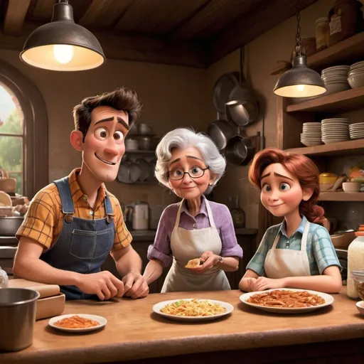 Prompt: Diseny pixar, un restaurante campestre, en su interior una familia, la madre y la abuela trabajando en la cocina,el esposo contando el dinero junto a la caja registradora y el hijo adolescente cargando las bolsas de comida