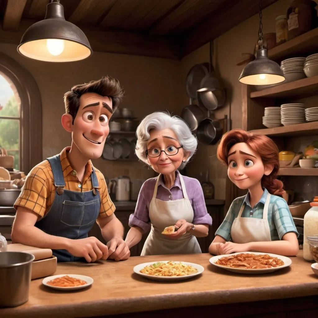 Prompt: Diseny pixar, un restaurante campestre, en su interior una familia, la madre y la abuela trabajando en la cocina,el esposo contando el dinero junto a la caja registradora y el hijo adolescente cargando las bolsas de comida