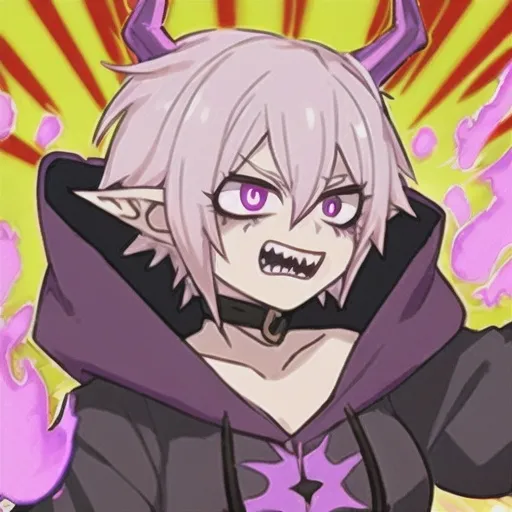 Prompt: my hero academia A character with scruffy pastel short blonde hair, purple streaks, purple eyes, two horn-like purple flames floating above her head, long elf-like ears, red slitted pupils, a long black furry tail, slightly pointed elf-like ears, scaly burns, wearing a black mask with teeth, gloves, and a ripped pink cropped hoodie, depicted as a villain on the UA battle grounds in a BNHA comic style, teaming up with another villain. draw her scared of her own power  screencap shes injured demon horns on  head