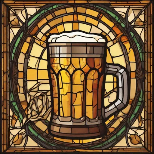 Prompt: Medieval tavern shop sign, stained glass style, a glass of beer in the middle. simple vector,  warm and rustic color palette, simple vector art, medieval, tavern, stained glass, warm tones, rustic, cozy