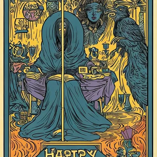 Prompt: Can you please create a poster for a house party. The theme of the party is historical archives. 

I would like the poster to have either a tarot card at the center of the poster or a tarot reader. 

Can you make sure that the poster looks happy, with the color blue. 

Thank you