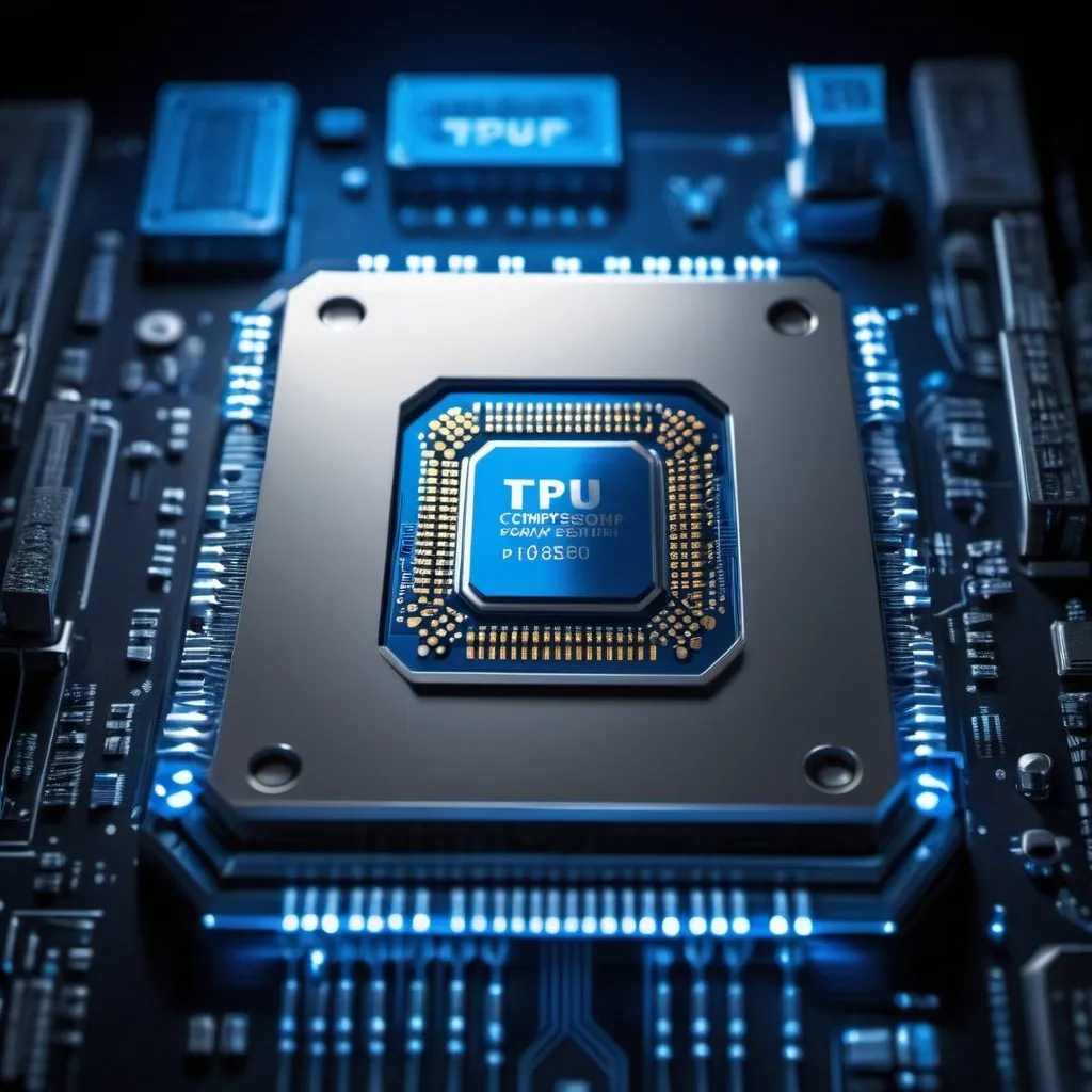 Prompt: visually captivating representation of a computer processor resting on a table. It showcases the intricate details and design of this technological component. The blue and white lighting and composition in the image add a touch of elegance and sophistication. It's a fascinating blend of technology and artistry

Add “TPU” in bold lettering and 