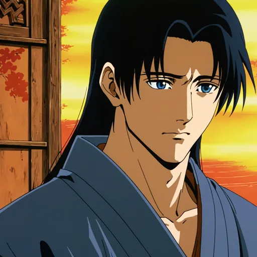 Prompt: (misc-manga style), 1990s anime screencap, (asian looking, softly handsome young man), dark blue eyes, (very long black hair), (masculine jawline, without beard), monk robe, cute expression, detailed and expressive features, contrast between light and shadows, nostalgic warm colors, intricate background elements reminiscent of classic anime settings, high-quality image, (vibrant) and (expressive style), capturing emotional depth and timeless beauty, with enchanting visual storytelling. slim bodytype
