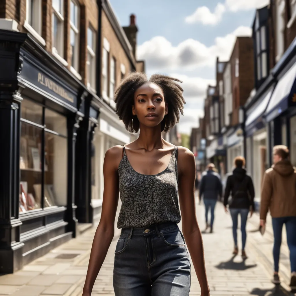 Prompt: Tall black 
young woman walking down the high street, detailed clothing, realistic, natural lighting