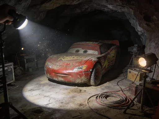 Prompt: Lightning McQueen from Cars sits motionless on the cold cave floor, revealed only by the viewer's handheld flashlight casting a single circular beam while everything beyond dissolves into darkness.
The uploaded image is used as the exact visual reference-his original proportions, glossy red paint, decals, facial features, and textures preserved with no redesign or stylization. His animatronic body appears completely lifeless, tires flat and dust-caked, red paint dulled by grime, scratches, and streaks of mineral residue. Rust creeps along his joints and seams, and dirt has settled deep into panel lines. Around him, the abandoned cave set is littered with old filming equipment, coiled cables, faded set props, and dust-covered lights. Dust particles float visibly through the flashlight beam, captured from a low, cinematic POV, emphasizing his forgotten, prop-like stillness in an ultra-realistic, photorealistic scene.