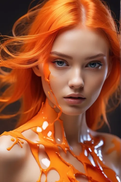 Prompt: (biomorphism high fashion model), Biomorphism, Delicate details, Splash art, concept art, hair color or orange, 8k resolution blur background Vivid colors, Broken Glass effect