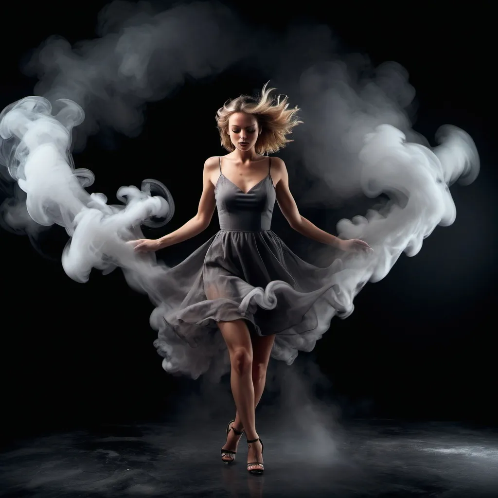 Prompt: A beautiful woman in a short dress is spinning around surrounded by swirling smoke , black background, full body portrait, high contrast sharp focus,  detailed, photorealistic,  studio volumétrique light, fog.