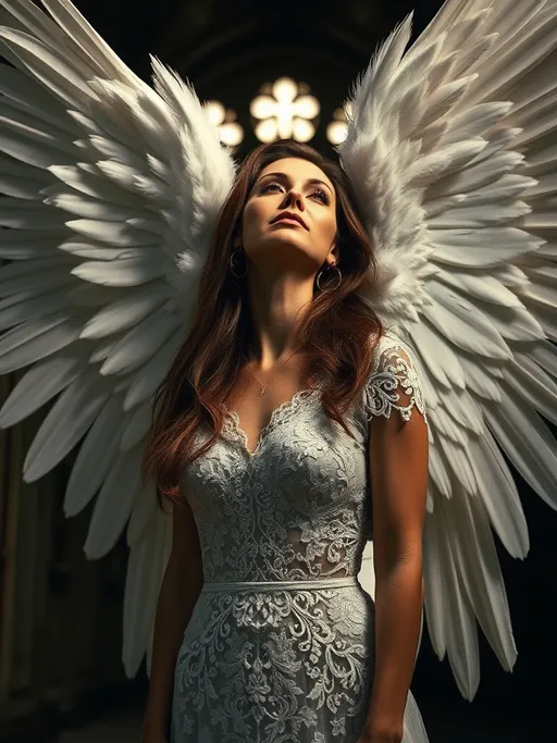 Prompt: an angel, woman 50 years old,  large white feather wings, long brown hair, she looks at the sky, eyes closed, dressed in a stunning sheath in openwork white embroidery, the divine light from behind illuminates her hair and highlights her wings angel, background in an old very dark gloomy church