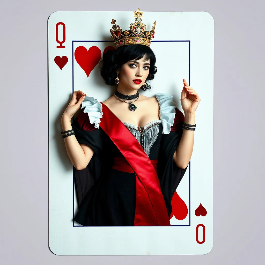 Prompt: image of  thé Queen Of Hearts wearing a crown and black dress with a red sash , and hight-heeled shoes, black hair, she looks liké an actress, horizontal orientation, She IS emerging from a life-size playing-card canvas in three dimensions, hyper-detailed, photo-realistic