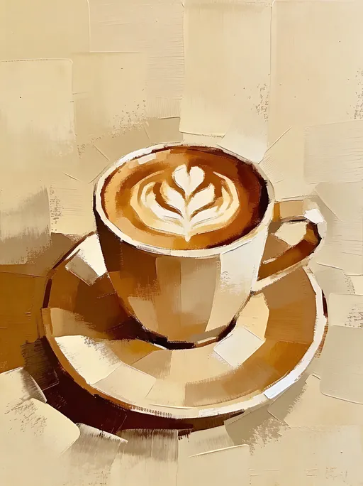 Prompt: Abstract painting. Flat. Brush strokes. In the middle of the painting is a close-up of a cappuchino cup on it's saucer. Perfectly frothed latte art. There is cappuccino in the cup. Beige. Mocca. Brown. Cream. 