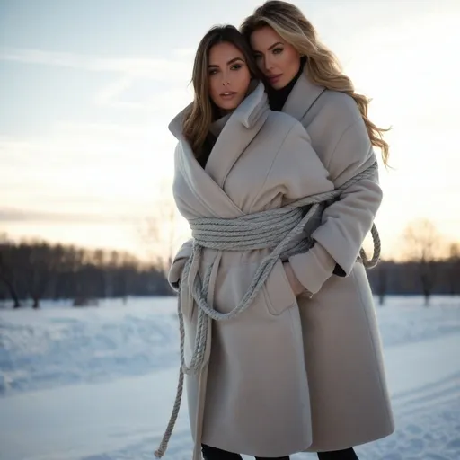 Prompt: Three Women in wool winter coats wrap another woman in oversized winter coat while tying her up with a lot of rope 
 