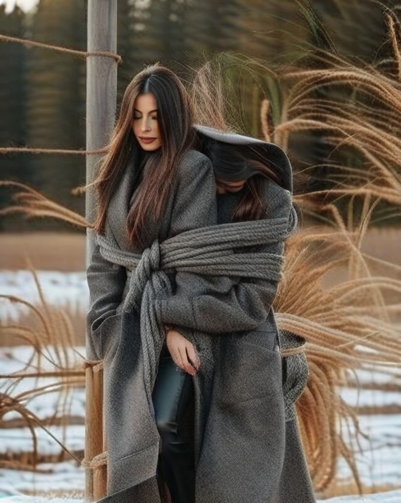 Prompt: Three Women in wool winter coats wrap another woman in oversized winter coat and tie her up tightly with a lot of rope