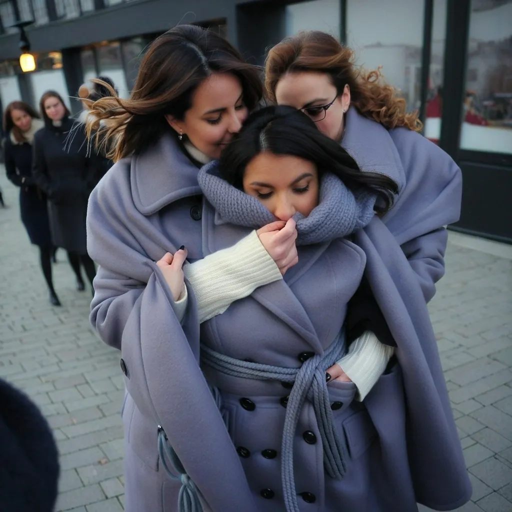 Prompt: Three Women in wool winter coats wrap another woman in oversized winter coat and goes inside her coat to grope her while tying her up with a lot of rope 
 