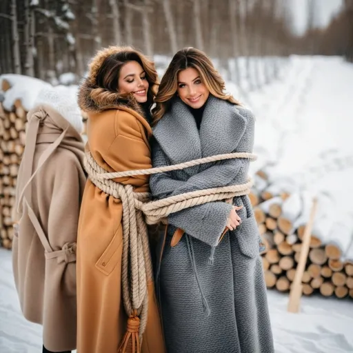 Prompt: Lot of Women in wool winter coats wrap and grope 3 women with an oversized winter coat while tying them up with a lot of rope 
 