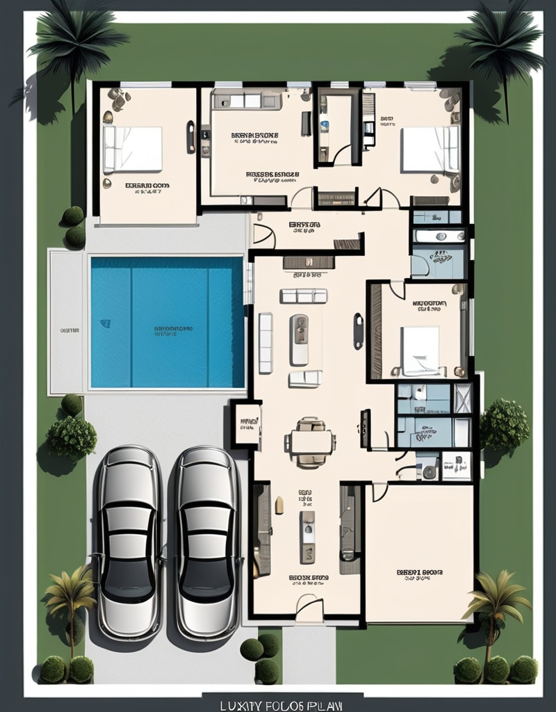 Prompt: luxury home floorplan for depth of 48 feet and 4 inches and 28 feet wide , backyard, frontyard, pool, 2D vector illustrations, high quality, detailed layout, modern design, professional style, minimalistic, precise lines, clean and crisp, luxurious space, top-notch, well-crafted, artistic floorplan, spacious layout, accurate representation, high-res, polished, architectural, detailed home, clear and precise, professional vector illustration, organized and efficient, minimalistic design