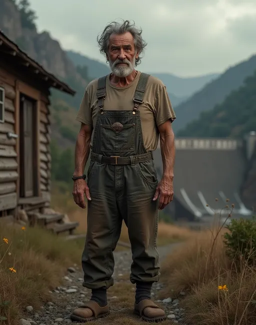 Prompt: full body shot front view of Photorealistic art style A tired-looking 77-year-old man, ancient deep brown eyes, messy gray hair, unshaven stubble on his face, wearing worn farmer’s overalls and a faded t-shirt, wool socks with a hole exposing his big toe, standing in front of a sparse, beat-up cabin; large dam looming in a shadowy valley background, muted earthy tones, realistic style, ultra-detailed, weathered expression, full-body portrait, 4K quality. face to viewer, background is a suitable beautiful scene
